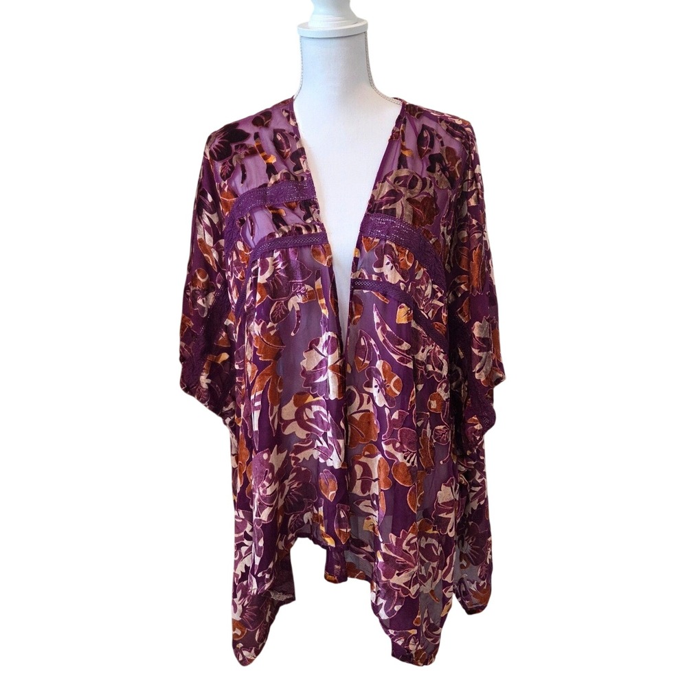 Colleen Lopez Purple Floral Velvet Burnout‎ Kimono Wrap Crochet Trim XL/1X